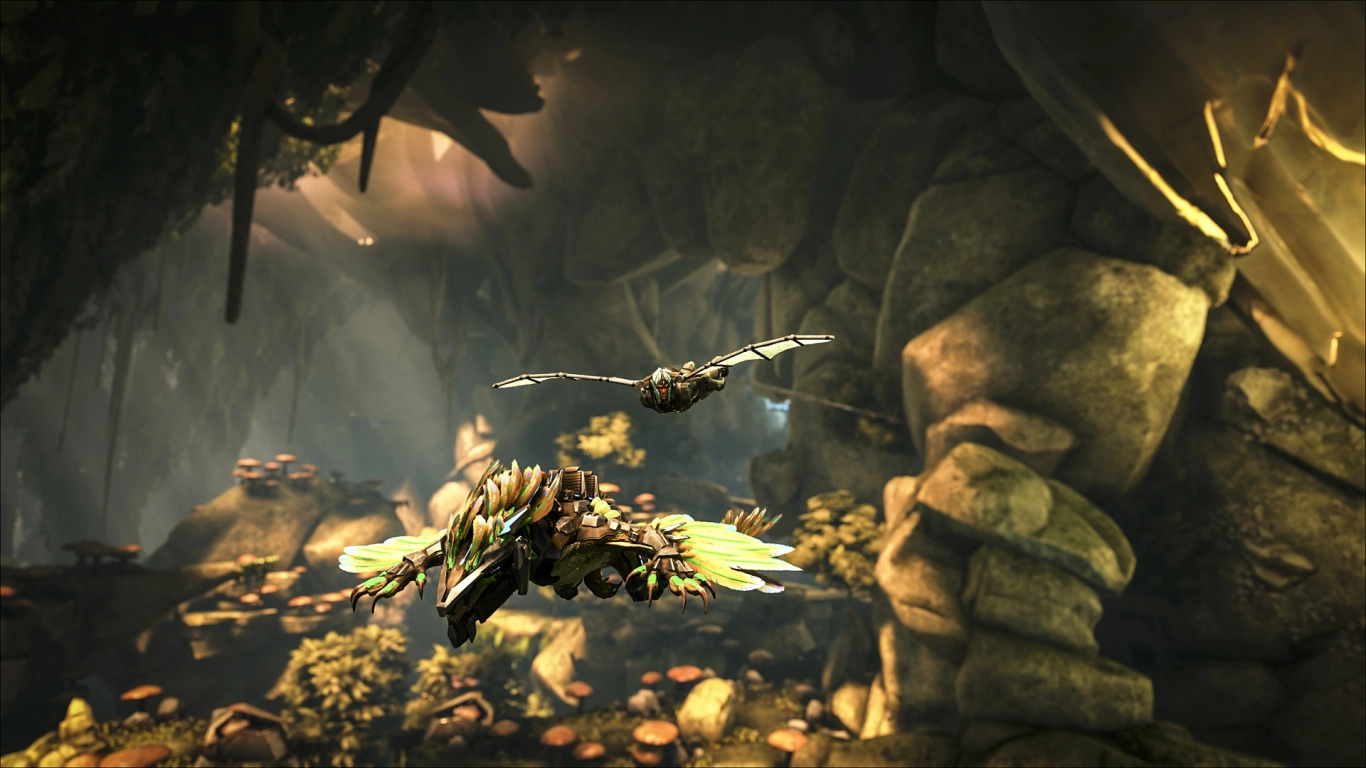 Light mechanics in ARK Aberration with a glow pet in the bioluminescent mushroom forest