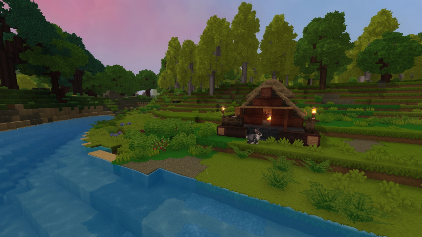 Hytale birch forest river base with fields and fish traps
