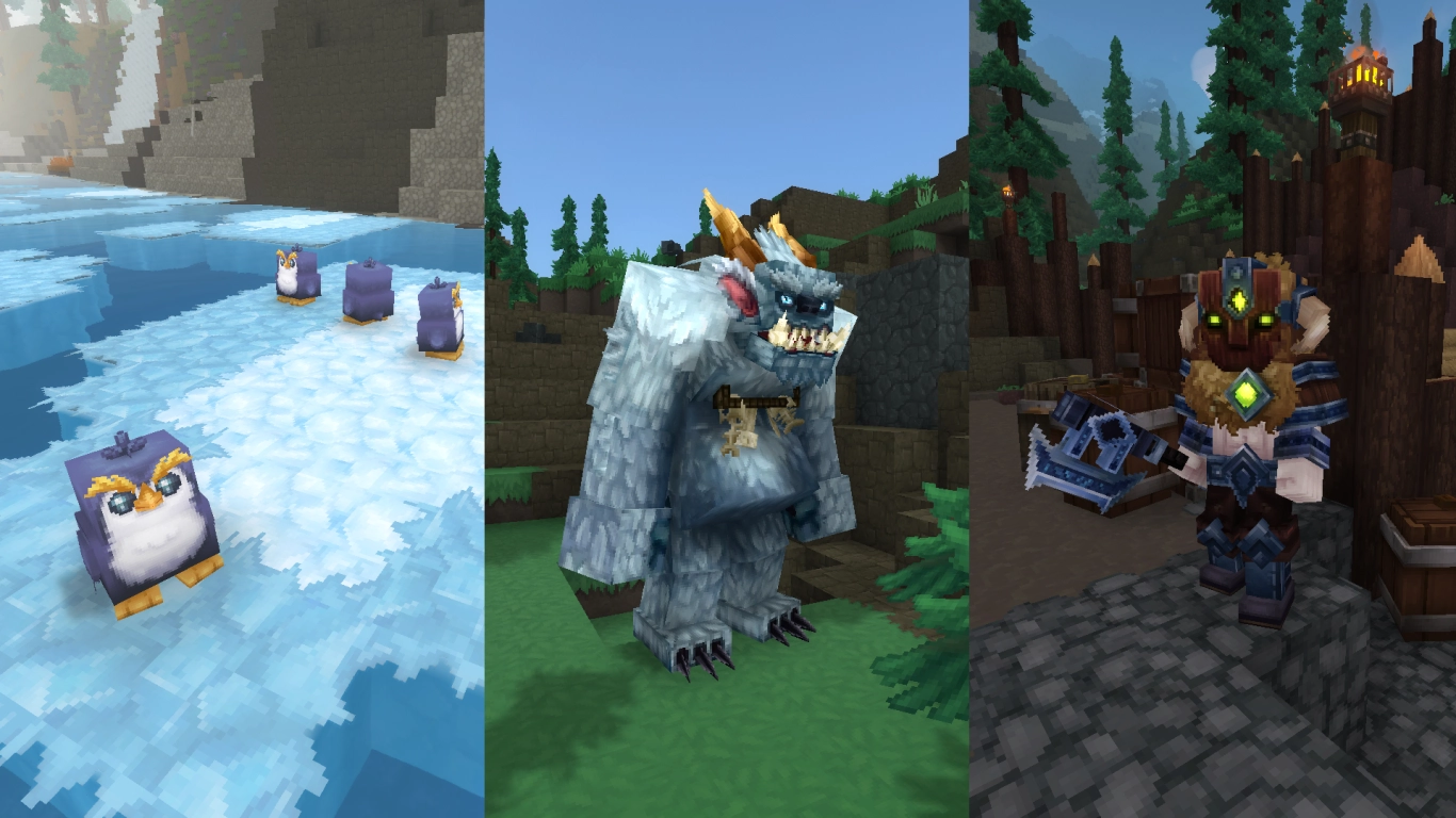 Hytale Zone 3 animals like polar bears, penguins, and yetis in the Whisperfrost Frontiers