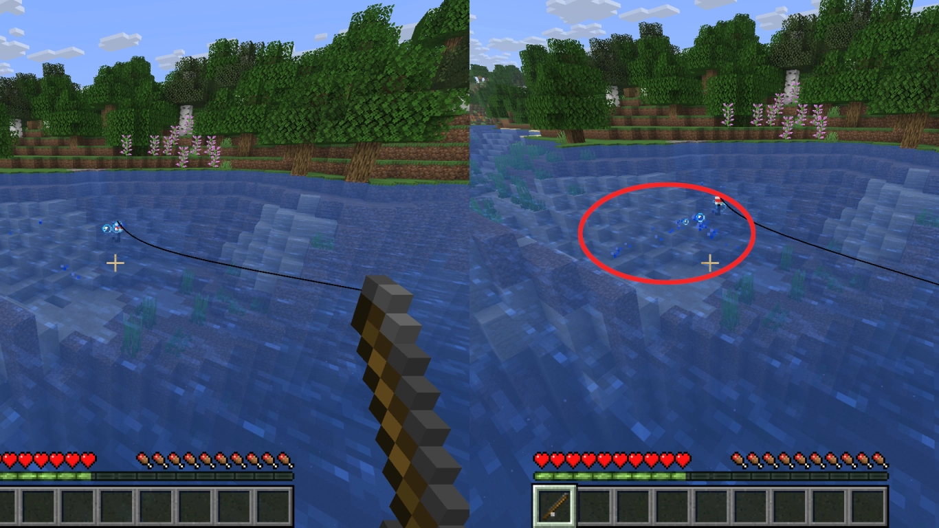 Minecraft fishing basics: fishing rod and bobber in the water