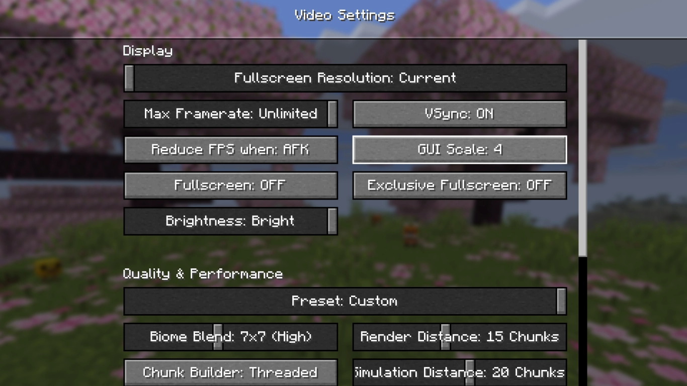 Minecraft display settings with Fullscreen, VSync, and FPS cap in the options menu
