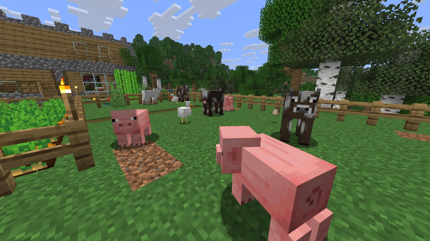 Minecraft animal farm with cows, pigs, sheep, and chickens for meat and drops