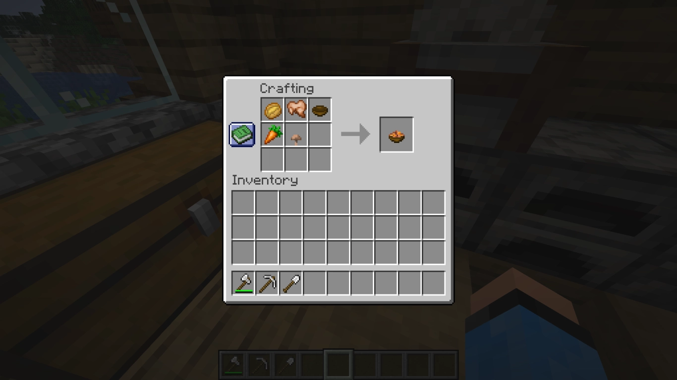 Minecraft soups: mushroom stew, beetroot soup, and rabbit stew in bowls