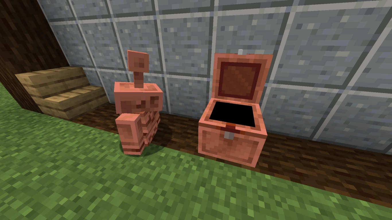 Copper Golem in Minecraft 1.21.9 with automatic item sorting via copper chest