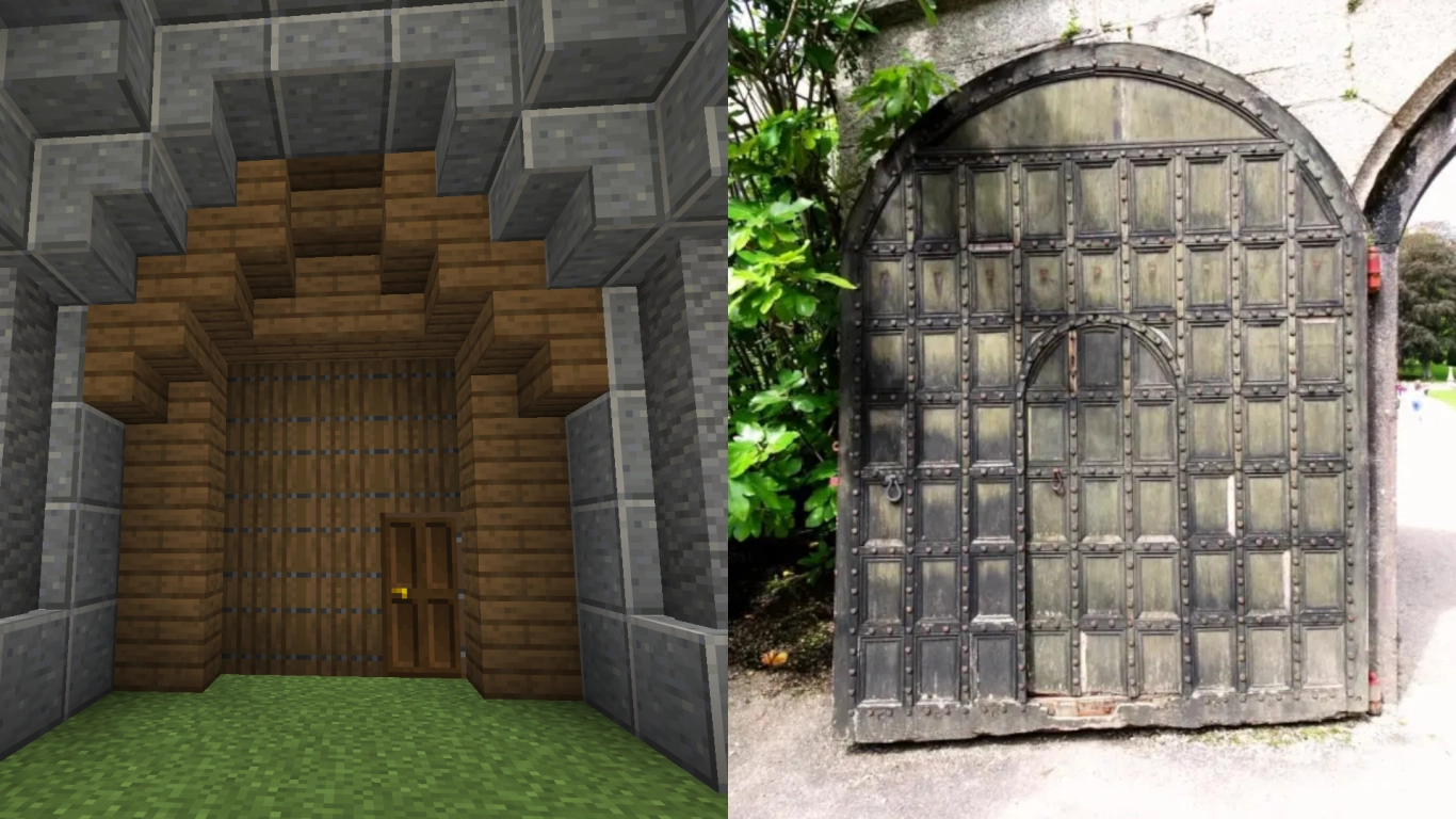 Secure entrance in a Minecraft wall with iron door and button