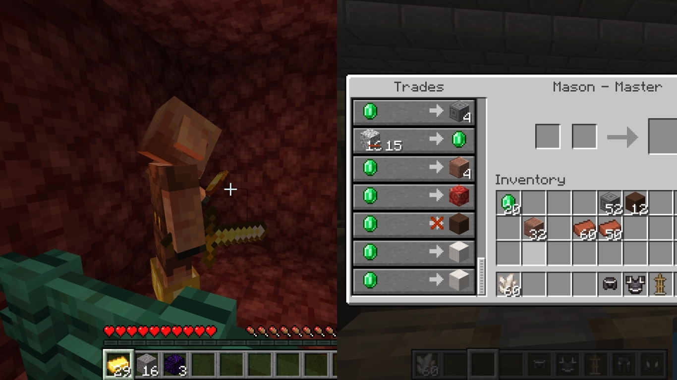 Piglin bartering with gold ingots for Nether Quartz in the Nether