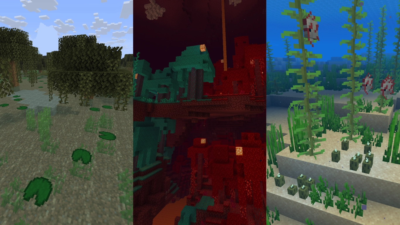 Minecraft vines, moss, lily pads, seagrass, and Nether plants across different biomes