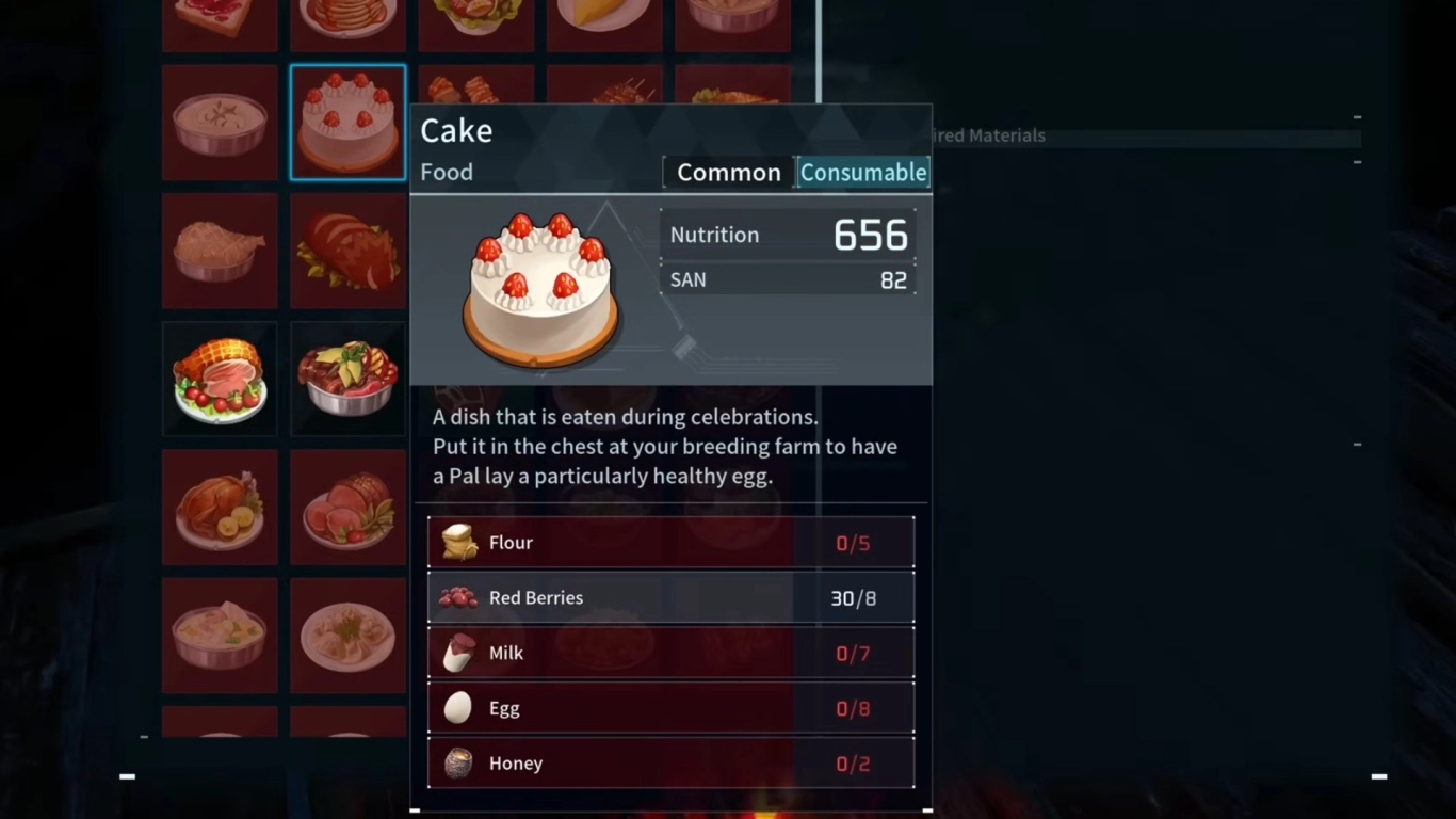 Making cake for Palworld breeding with berries, flour, eggs, milk, and honey