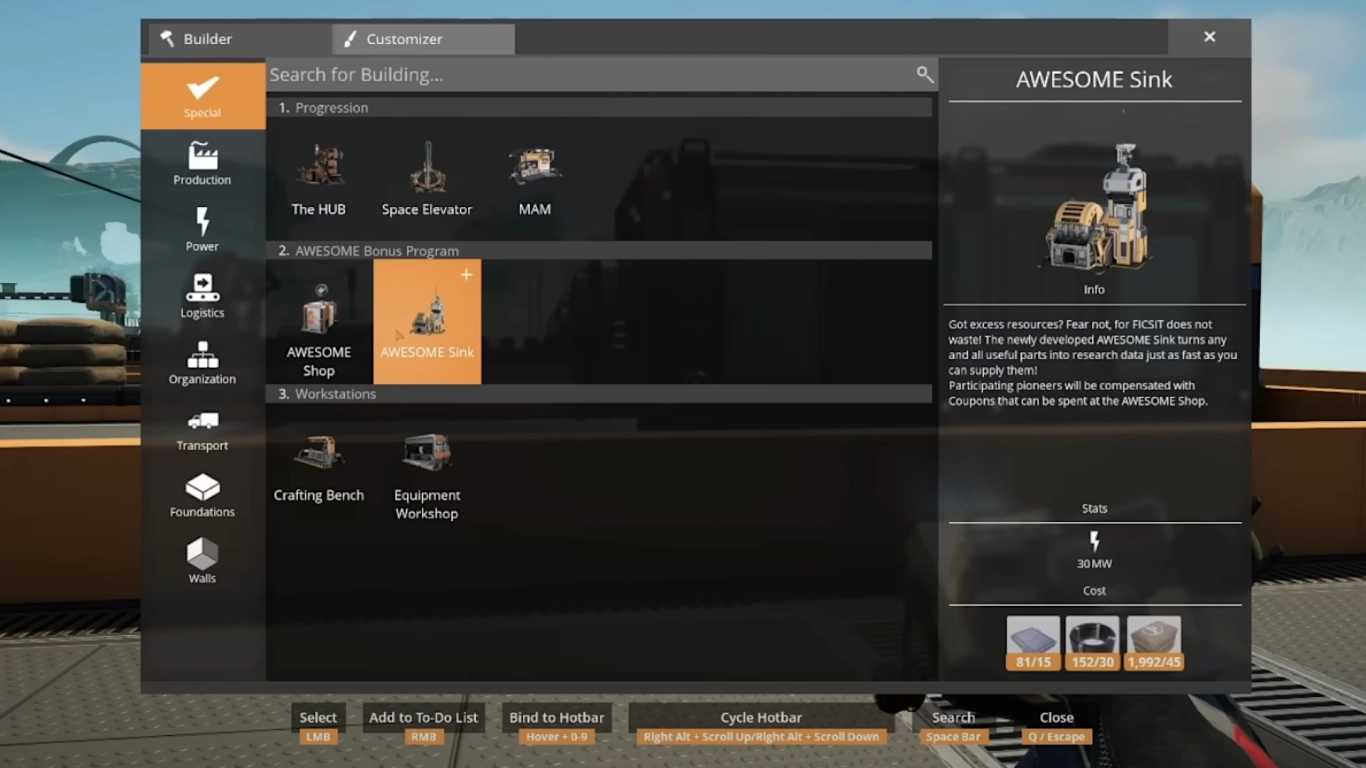 Build the AWESOME Sink in Satisfactory – construction cost and power usage